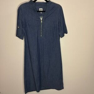 Anne Klein Denim Shirt Dress Blue Dark Wash Gold Zipper Tab Sleeves Womens 4 NWT